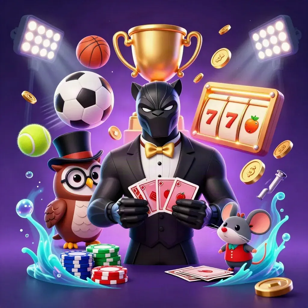 Panther, owl, and mouse casino mascots amid reels, coins, balls, and neon ocean glow.