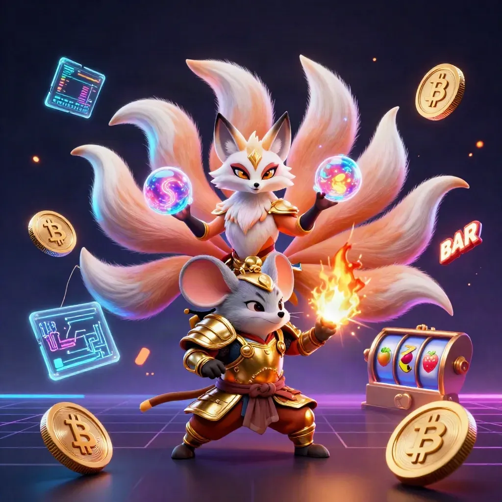 Nine-tailed fox spirit and armored mouse amid neon coins, reels, sparks, and casino magic.