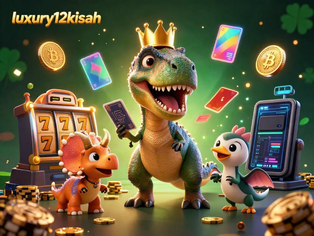 luxury12kisah menampilkan T-Rex bermahkota emas yang mengocok kartu dengan pemandangan slot dan koin crypto