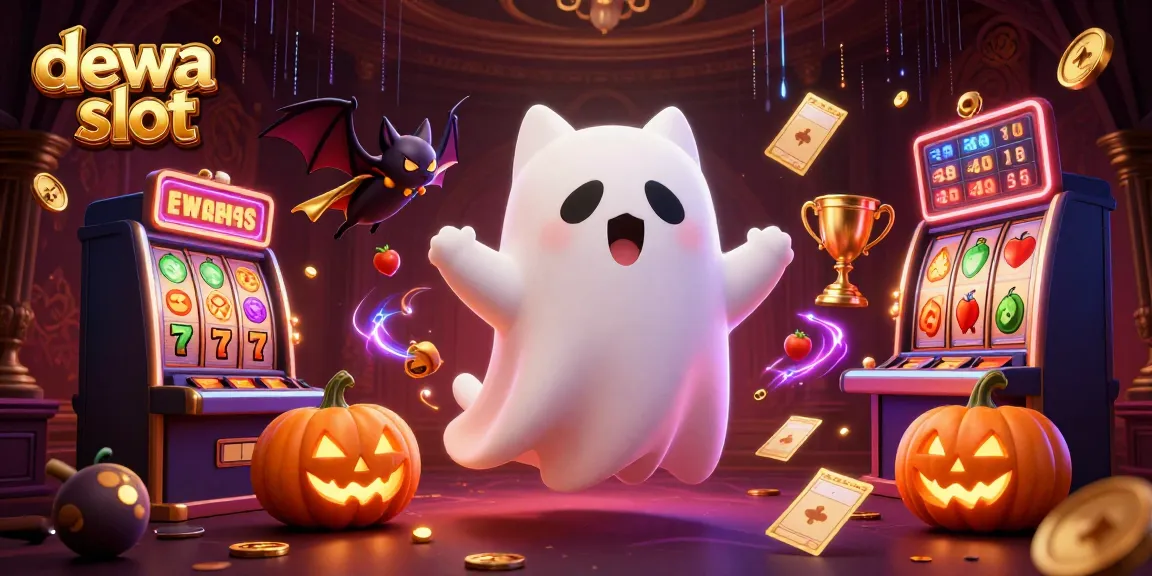 Dive into dewa slot with a ghost cat and bat in a haunted casino, surrounded by animated slot elements.