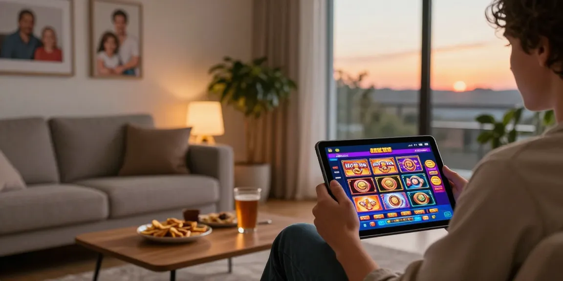 Engaged player exploring new online casinos on tablet enjoying vibrant slots and cozy atmosphere.