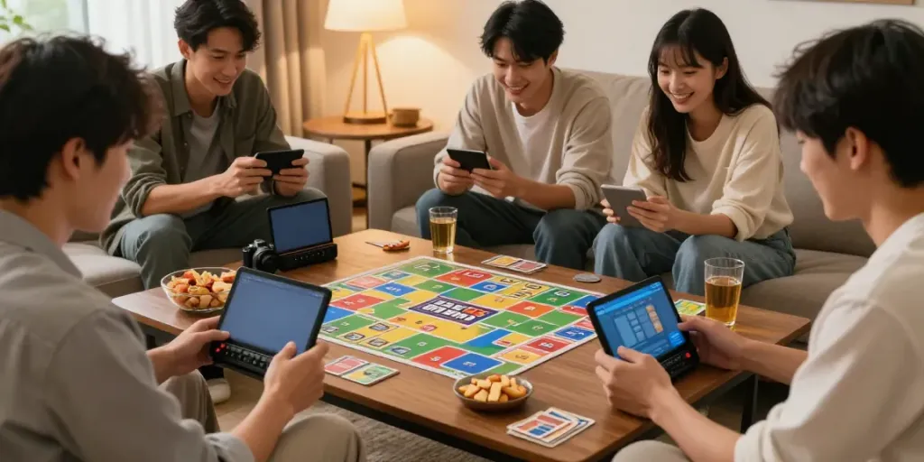 Social gaming scene with players enjoying Rumble Rummy on smartphones in a cozy living room.