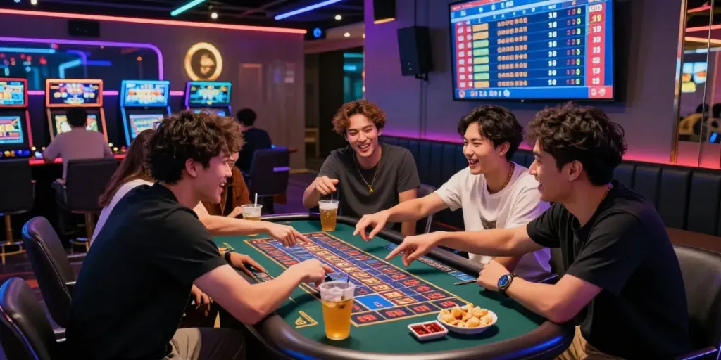 Teman-teman sedang merayakan togel di lounge perjudian modern dengan hasil live di layar.