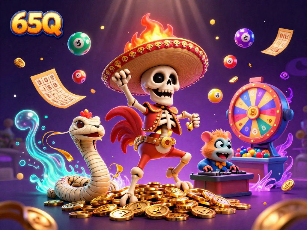 Ganhe no Casino 65Q com personagens divertidos dançando em moedas douradas