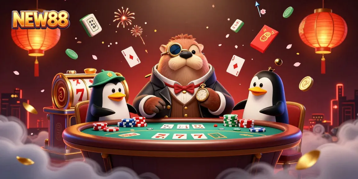 NEW88 casino scene with walrus and dealer playing poker surrounded by slot reels and festive elements.
