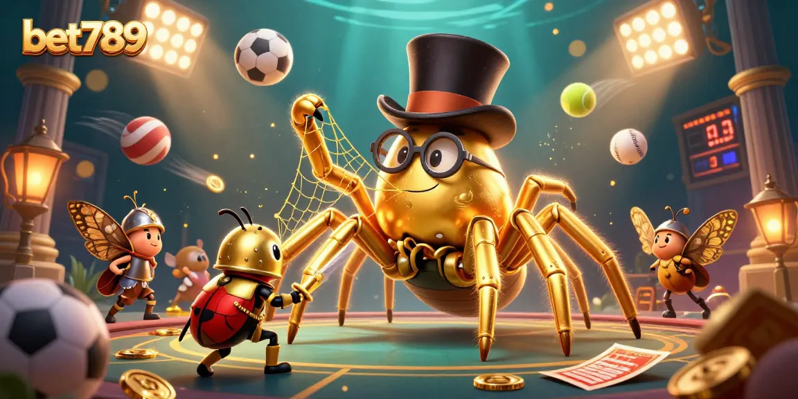 Engage with bet789's thrilling gaming experience showcasing a golden tarantula weaving between casino pillars.