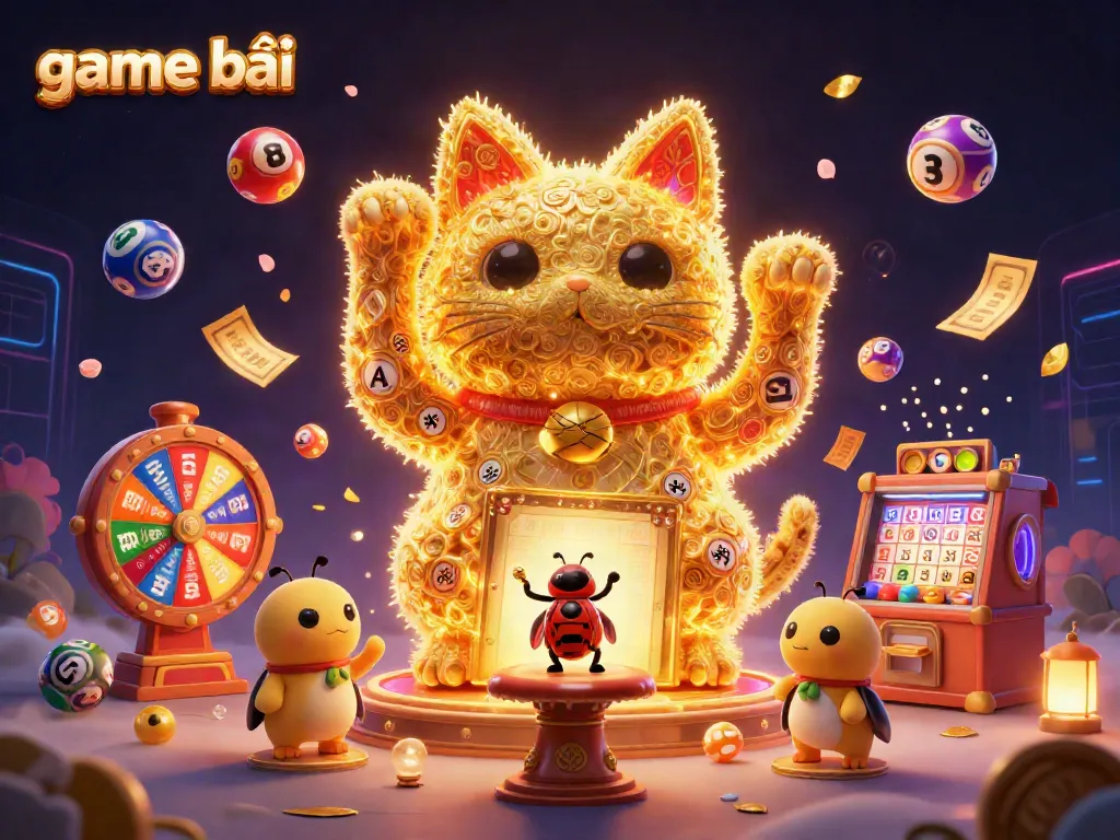 Experience the excitement of game bài with a giant lucky cat surrounded by vibrant casino symbols.
