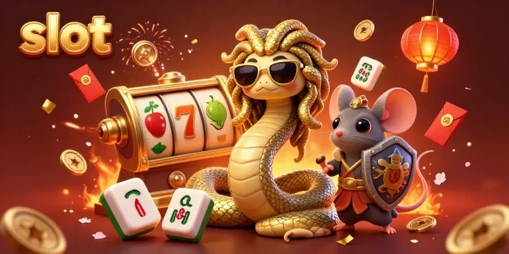 Slot beruntung dengan Medusa dan mouse pejuang dalam suasana ceria di kasino.