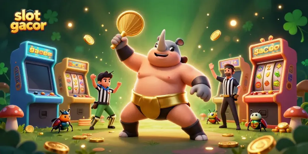 Experience the excitement of slot gacor as the beetle champion stomps for coins amidst vibrant gaming elements.