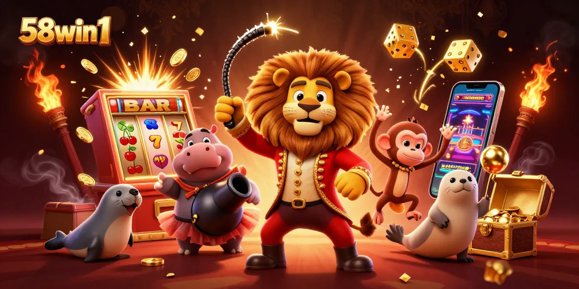 Experience the excitement with 58win1's vibrant casino-themed illustration with dynamic characters and gaming elements.