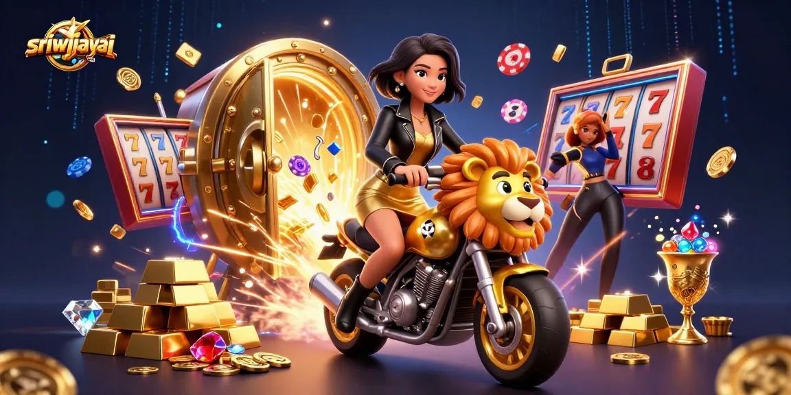 Sriwijayatoto showcases exciting slot action with a glamorous character on a lion mascot.