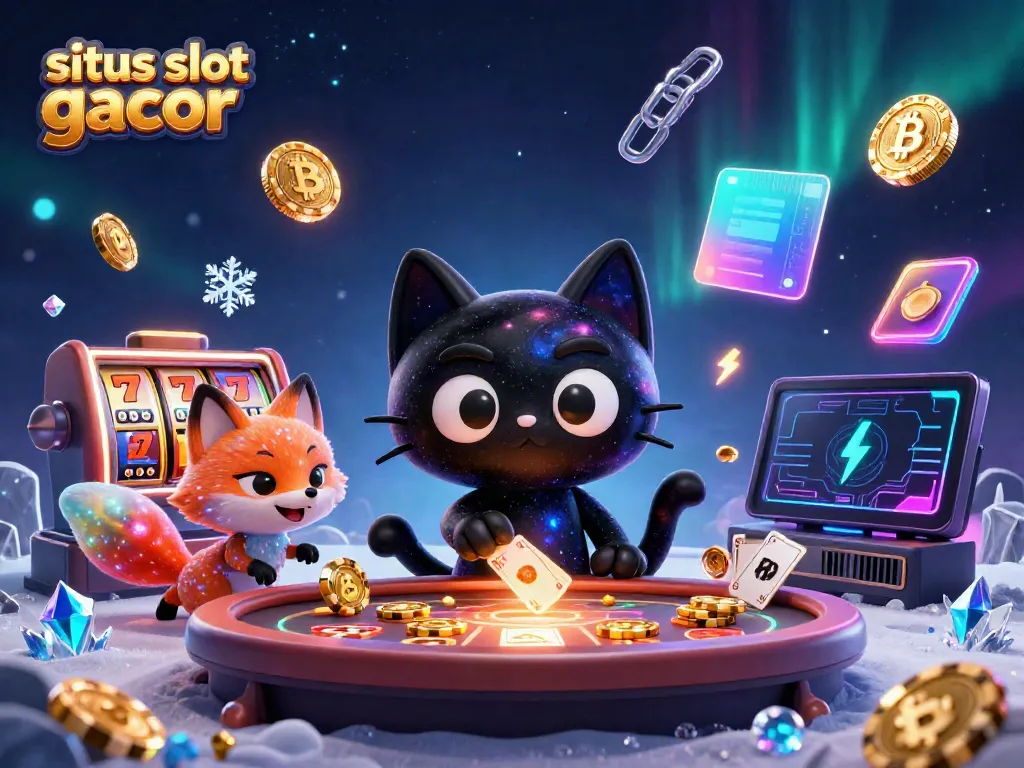 Visual dari situs slot gacor menampilkan kucing hitam galaksi menarik chip emas dan kartu judi di meja kasino.