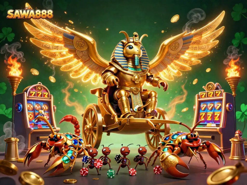 Experience SAWA888’s lively casino atmosphere with a golden scarab beetle hero and exciting slot elements.