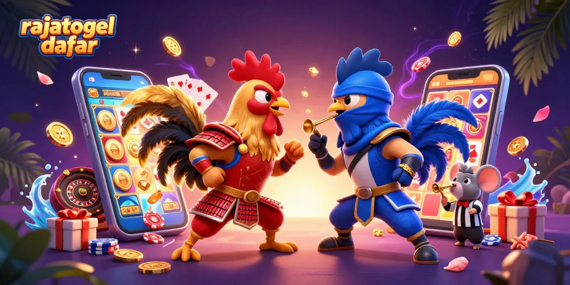 Engage with the dynamic scene of rajatogel daftar featuring samurai and ninja roosters among vibrant casino elements.