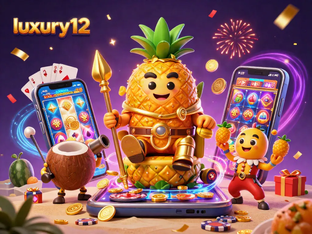 Permainan slot luxury12 yang epik dengan raja nanas emas dan kombatan, elemen kasino yang menarik.