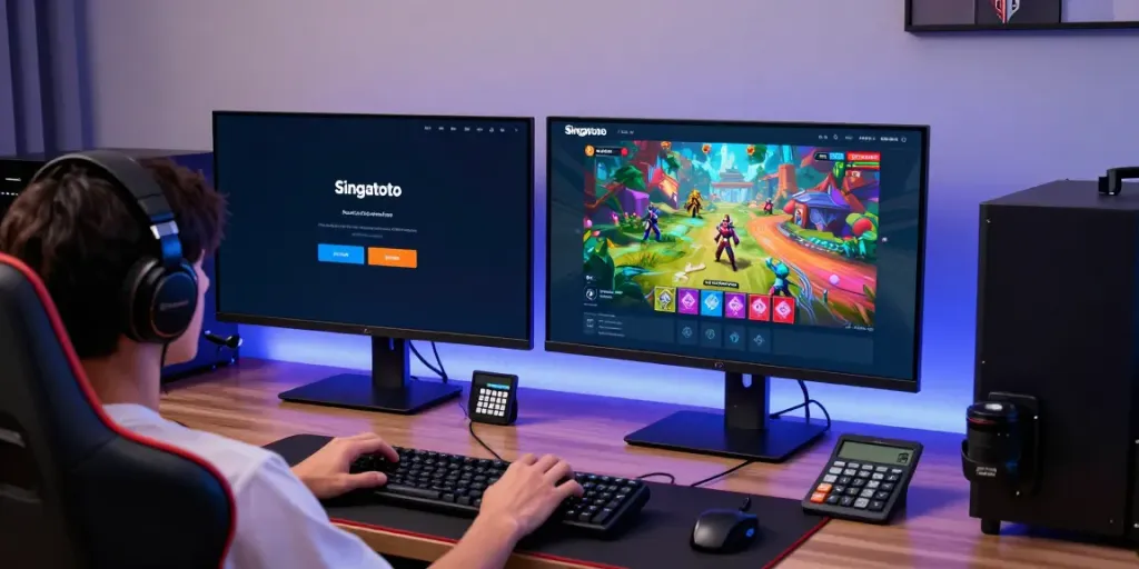 Singatoto login interface on dual monitors in an engaging gaming setup