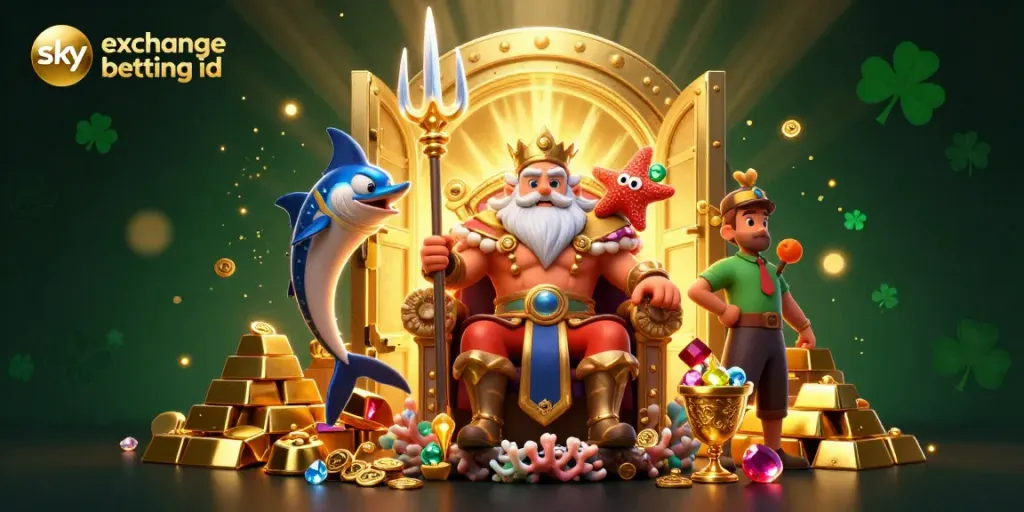 Engage in the vibrant world of sky exchange betting id with a dynamic scene depicting Neptune and treasures.