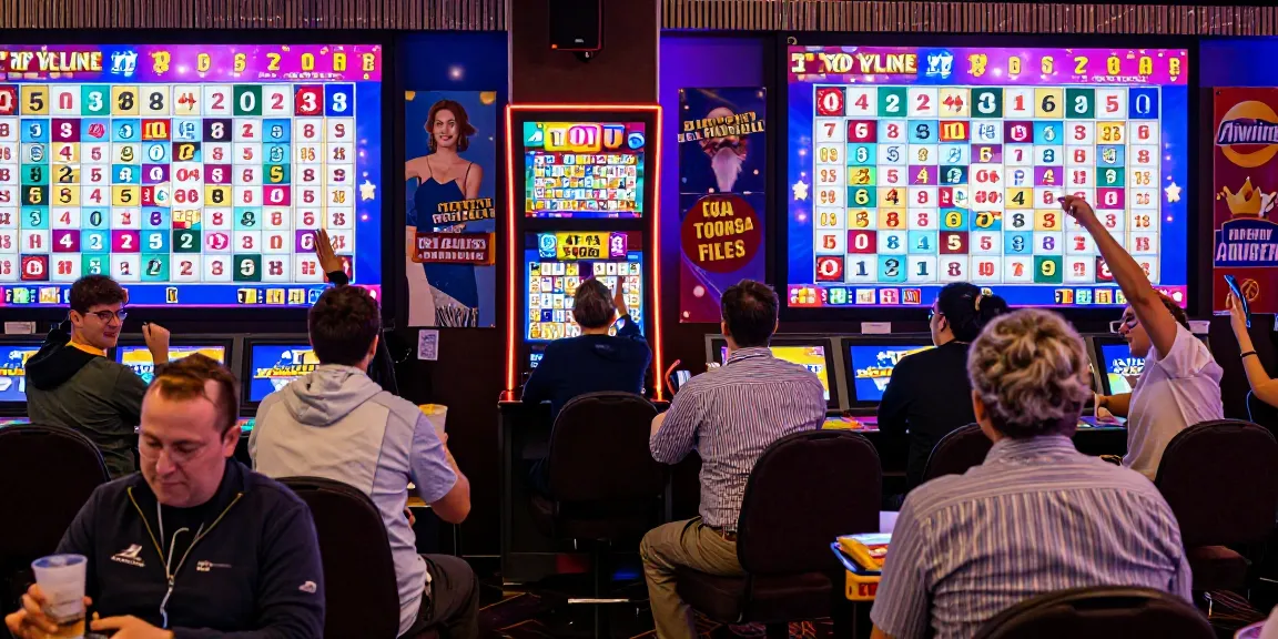 Exciting 4D lottery results celebration in a vibrant gambling hall.