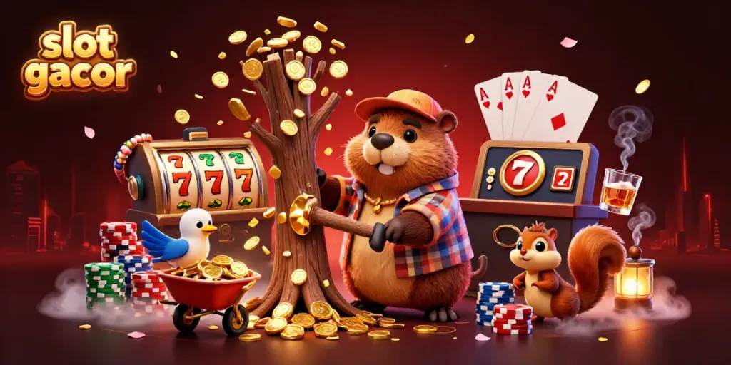 Engaging scene of a beaver, bird, and squirrel celebrating their slot gacor wins among coins and casino elements.