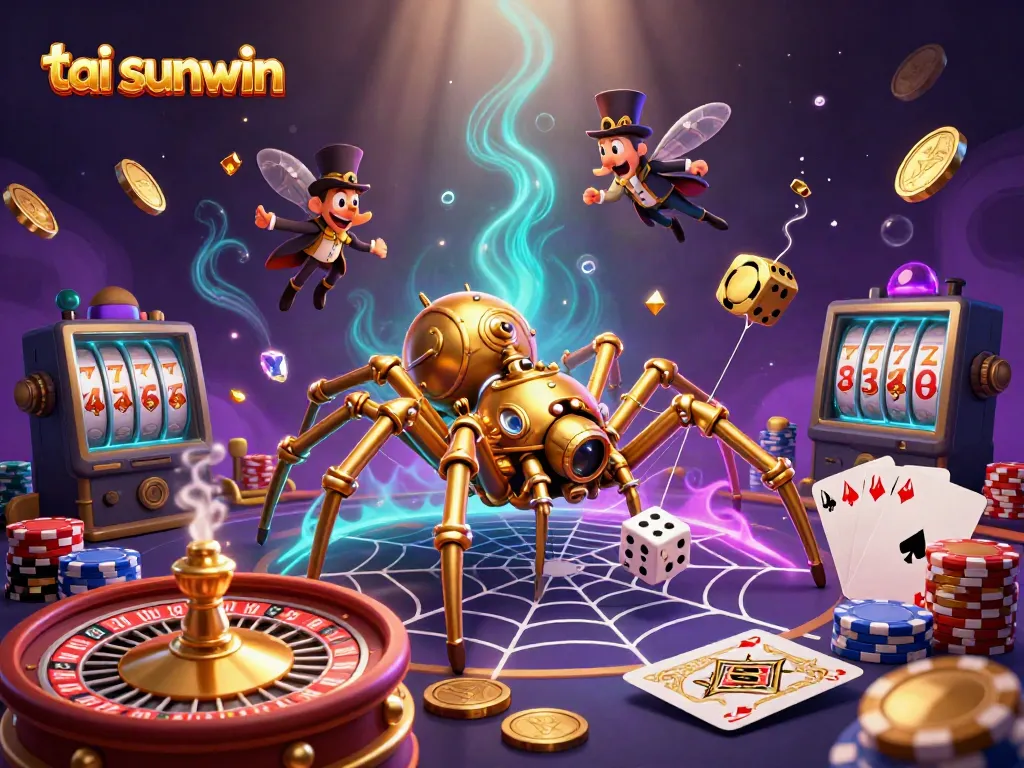 Experience thrilling gameplay with tai sunwin as vibrant casino elements surround an amused gentleman and a golden spider.