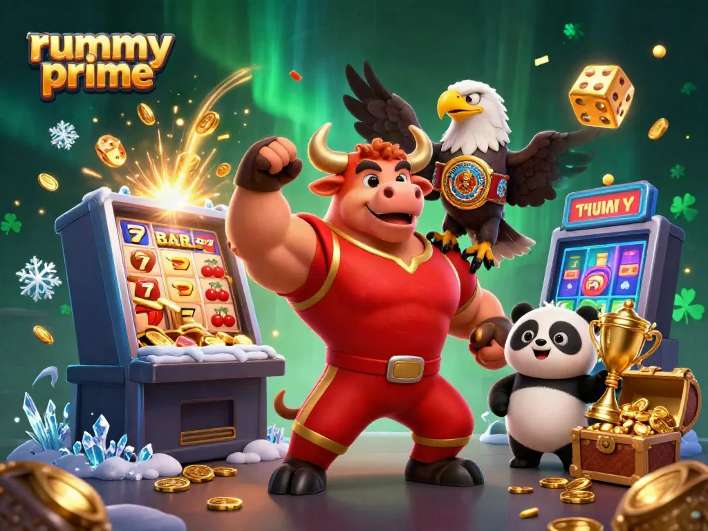 Play exciting online games with rummy prime—featuring a vibrant casino scene full of energetic characters.