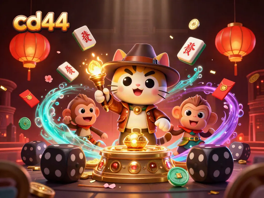 Engage in an exciting cd44-themed casino adventure featuring an explorer cat and monkey companion.