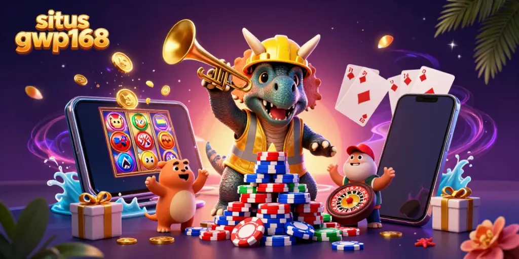 Gambar situs gwp168 menampilkan triceratops dan permainan slot yang meriah.
