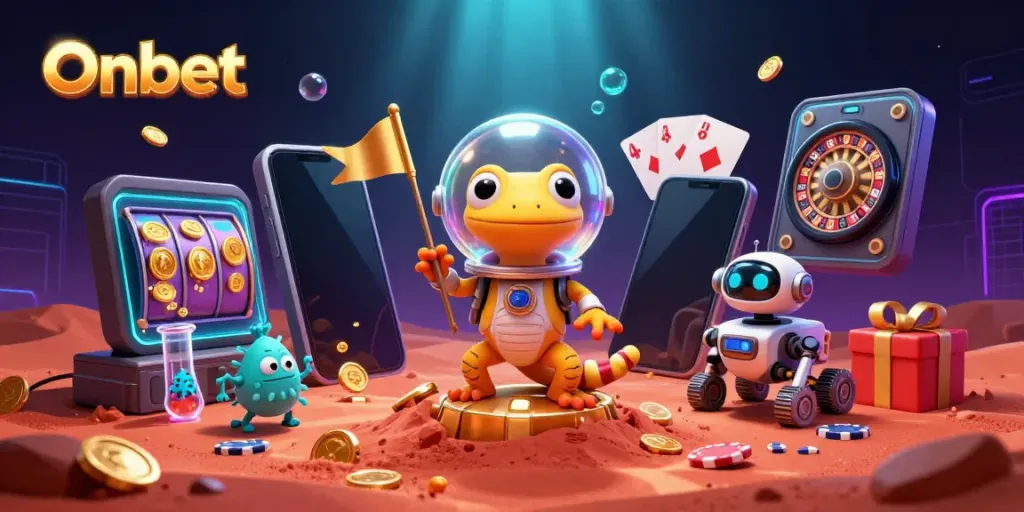 Spin colorful slot reels with Onbet's Martian gecko character and golden casino treasures in this vibrant illustration.
