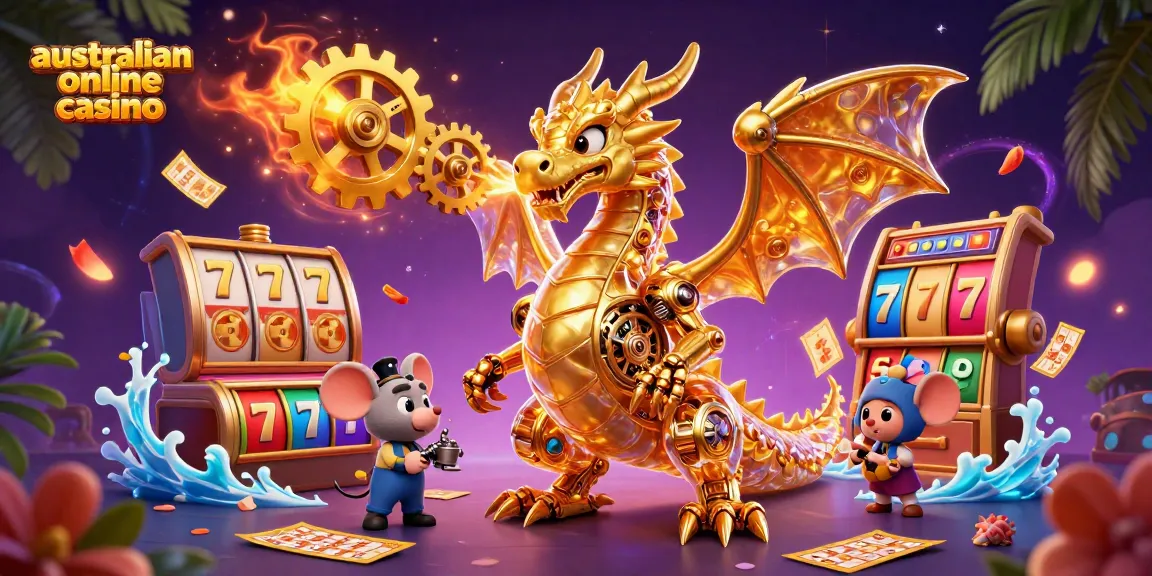 Experience the excitement at an australian online casino with dynamic slot reels and a golden dragon.