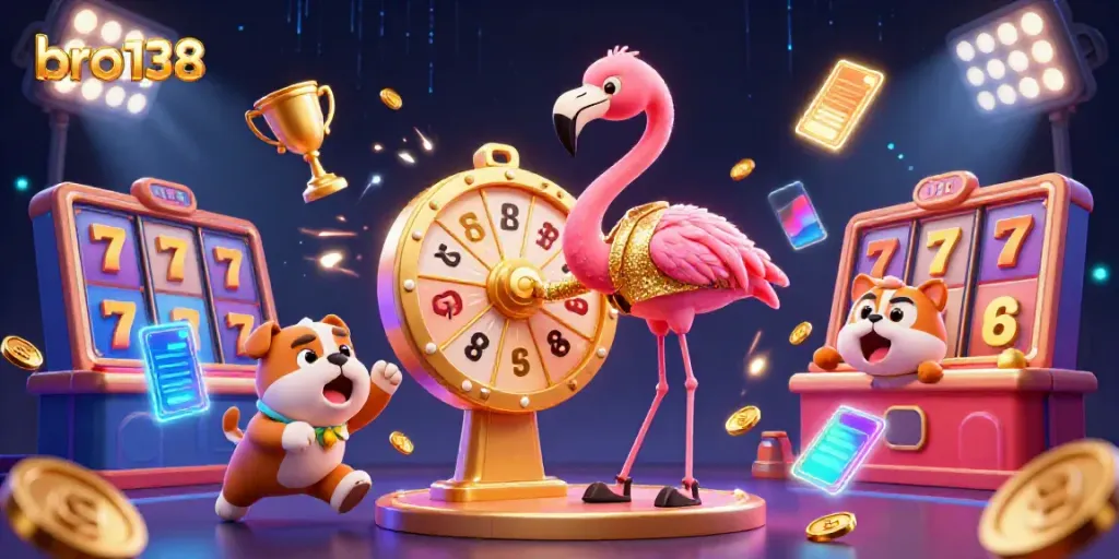 Experience excitement at bro138 with dynamic slots and prizes in an animated casino scene