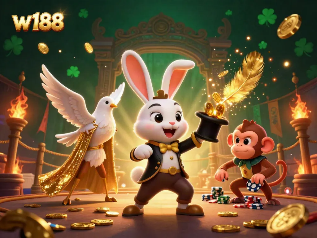 Engaging 3D illustration of w188 featuring a magician rabbit, dove, and monkey in a colorful casino setting.
