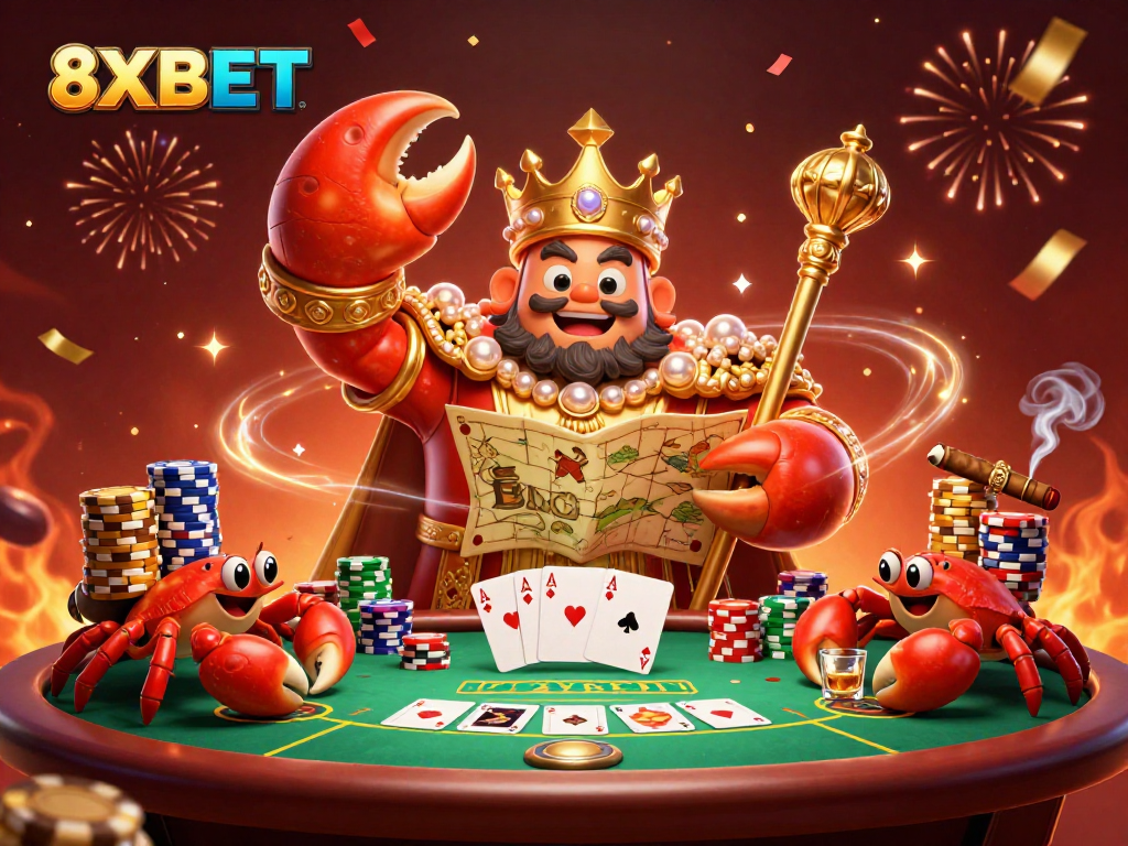 Engage with 8XBET's lively casino scene featuring a crab emperor, poker elements, and festive details.