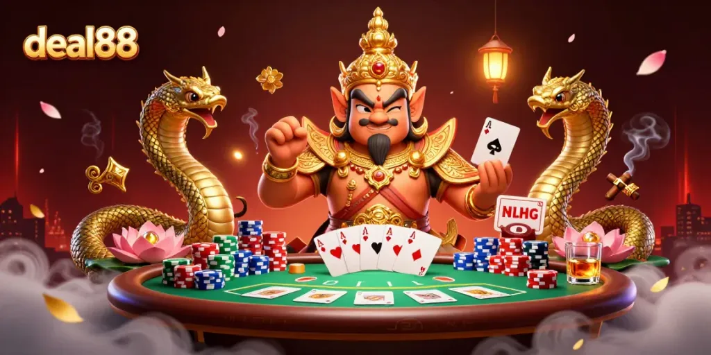 Experience exhilarating gameplay with deal88 as the Thai guardian oversees poker action amidst vibrant casino elements.