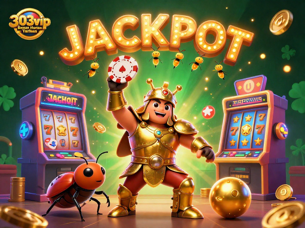Engage with 303vip Bonus Harian Taruhan in this vibrant 3D casino-themed illustration.