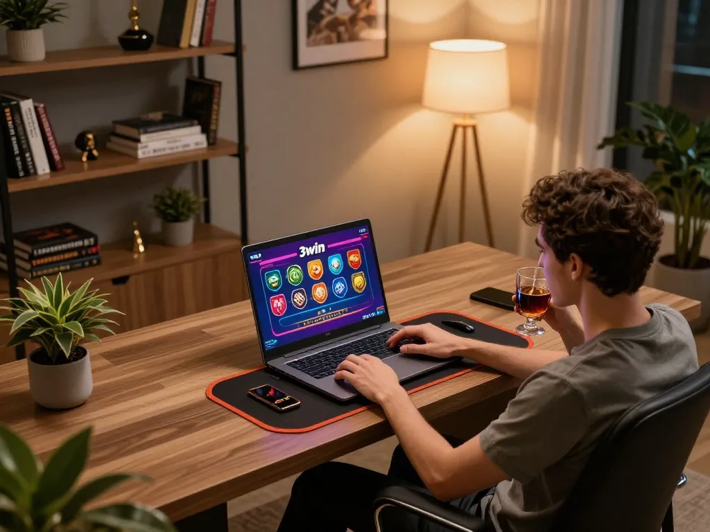 Engaged player using 3win for live dealer games in a modern home office.