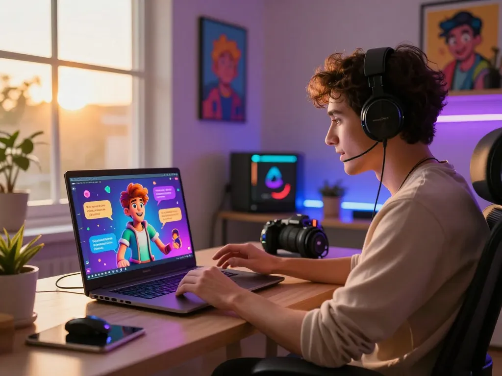 Engaging user interacting with nsfw ai character on vibrant laptop in a cozy tech setting.