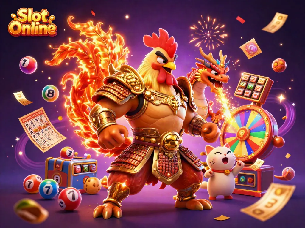 Menangkan Slot Online dengan simbol buah, jackpot, dan karakter bertema kasino dalam ilustrasi 3D yang megah.