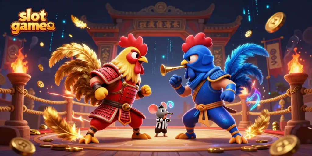 Engage with exciting slot game action featuring dynamic fighting roosters and golden elements in a vibrant casino arena.