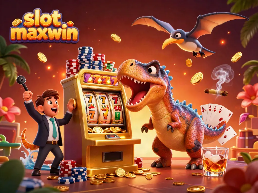Slot maxwin memperlihatkan dinosaurus kartun 3D mengerahkan kekuatan untuk mesin slot jackpot di kasino yang penuh warna.