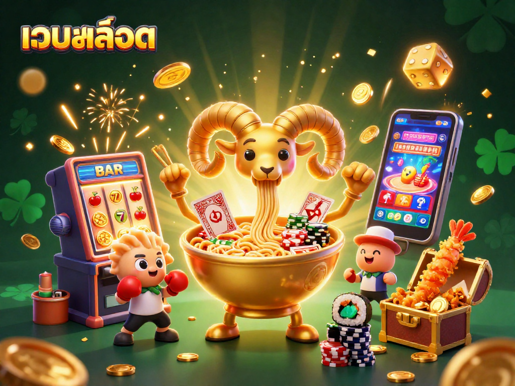 Experience เว็บสล็อต excitement with vibrant characters and dynamic casino elements in a fun illustration.