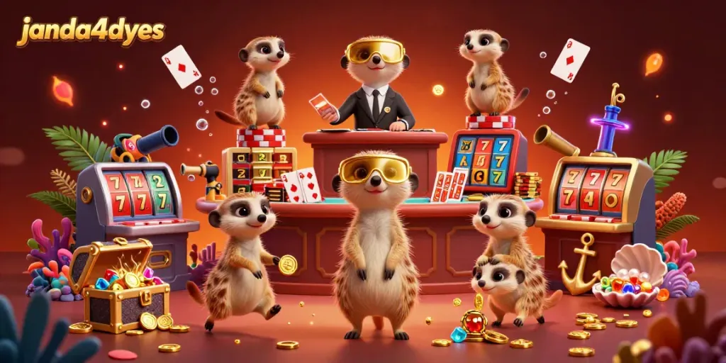Janda4dyes menghadirkan suasana kasino dengan meerkat beraksi dalam gambar 3D penuh warna.