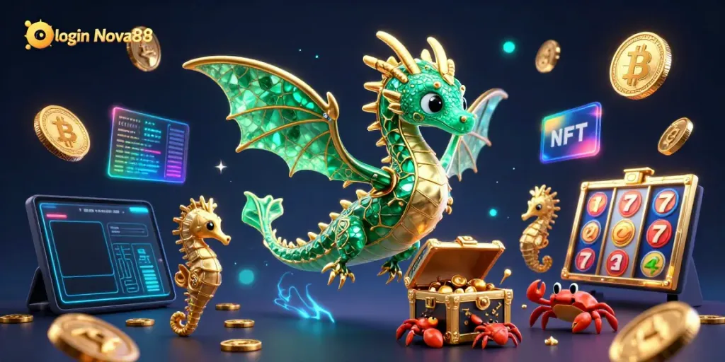 Engage with the login Nova88 experience featuring rich 3D elements and vibrant casino visuals.