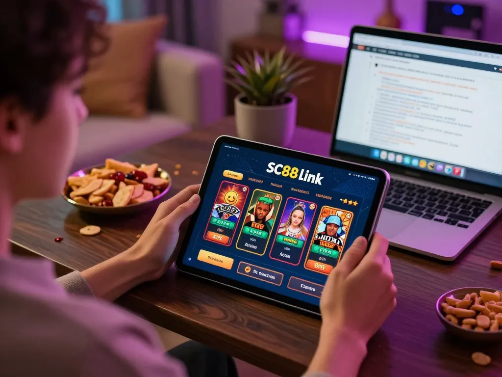 Engage with SC88 Link on a tablet in a cozy home gaming setup with snacks and strategic notes.