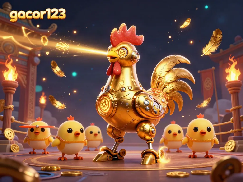 Experience thrilling gameplay with gacor123, featuring a cartoon golden rooster robot and baby chick drones.
