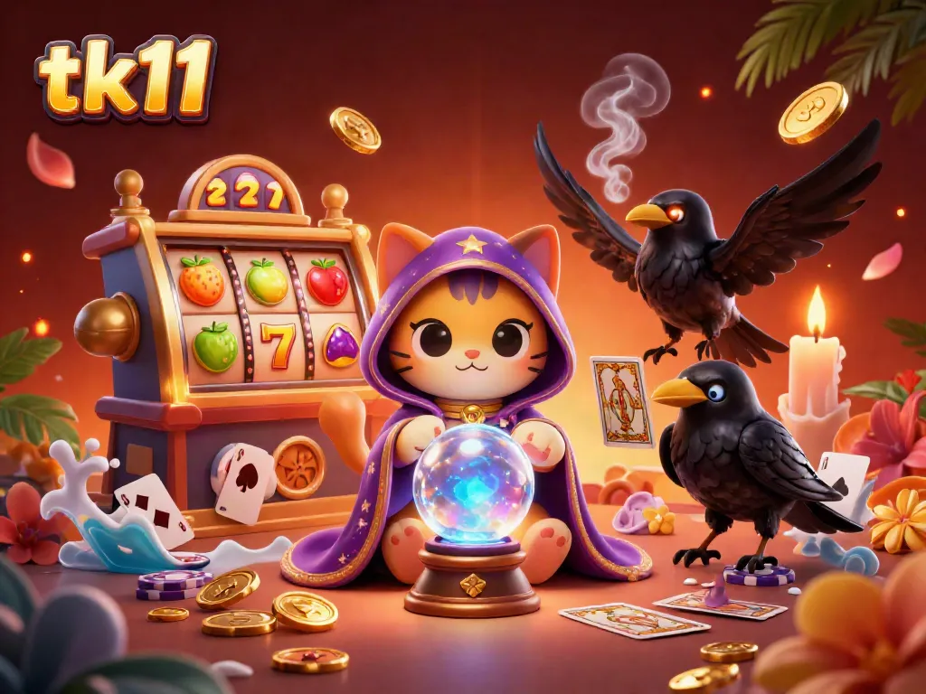 Engage with tk11 gaming strategies, featuring a mystical cat and radiant raven amidst lucky slots and casino elements.