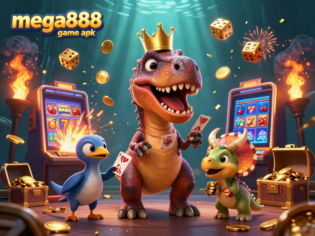Engage with the mega888 game apk by witnessing a vibrant casino adventure with friendly dinosaurs.