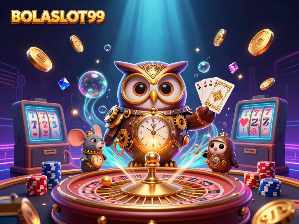 BOLASLOT99 showcases a vibrant casino scene with a time-traveling owl, coins, and slot elements.