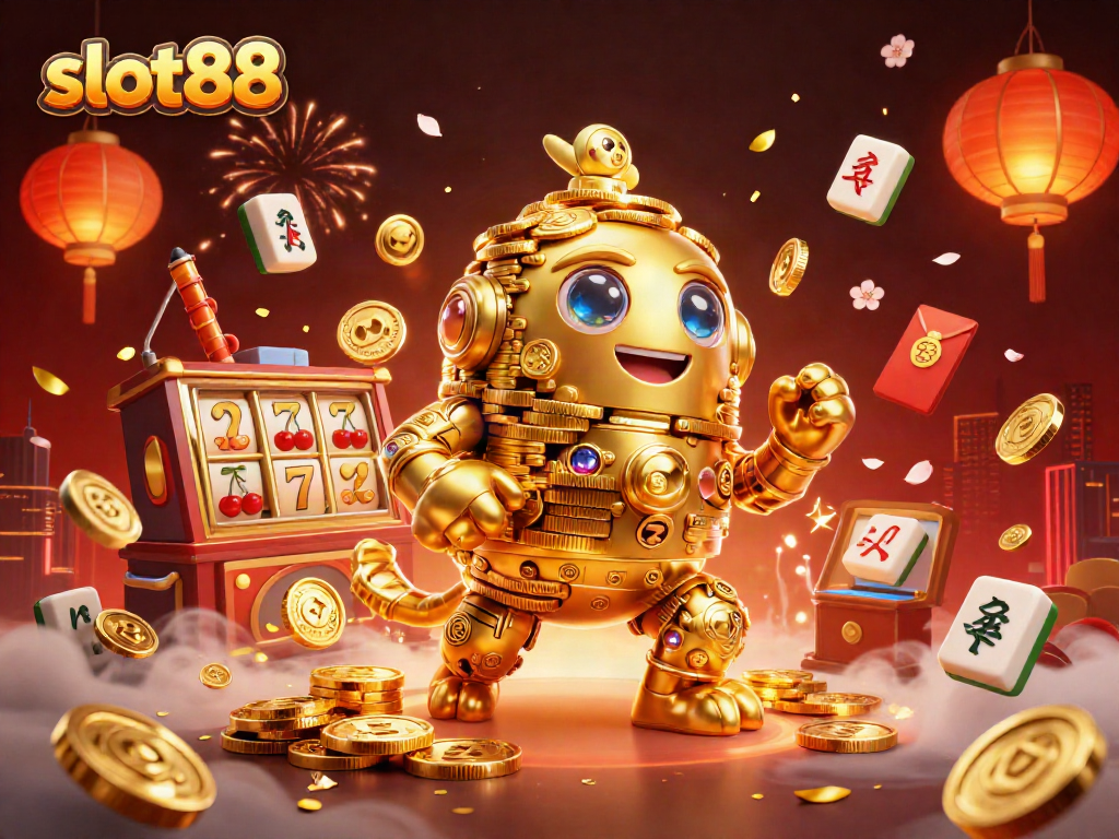 Spin to win at slot88 with a lively ancient golden golem surrounded by festive casino imagery.