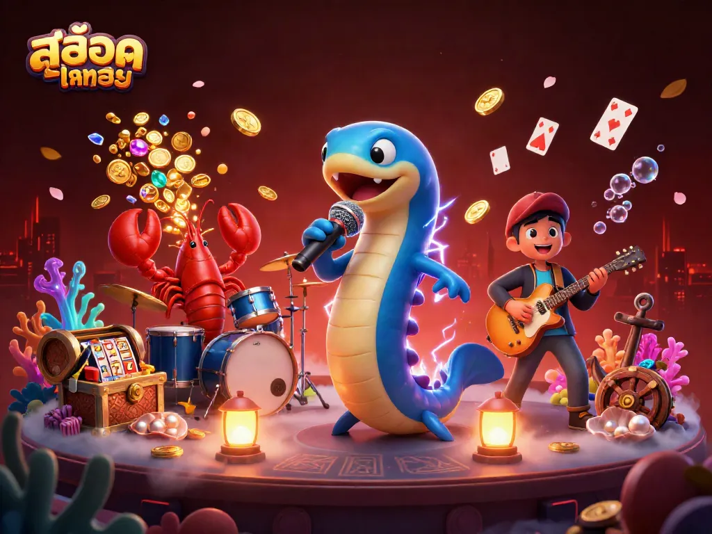Engage with สล็อตทดลอง in a vibrant underwater casino featuring a DJing electric eel and lively characters.