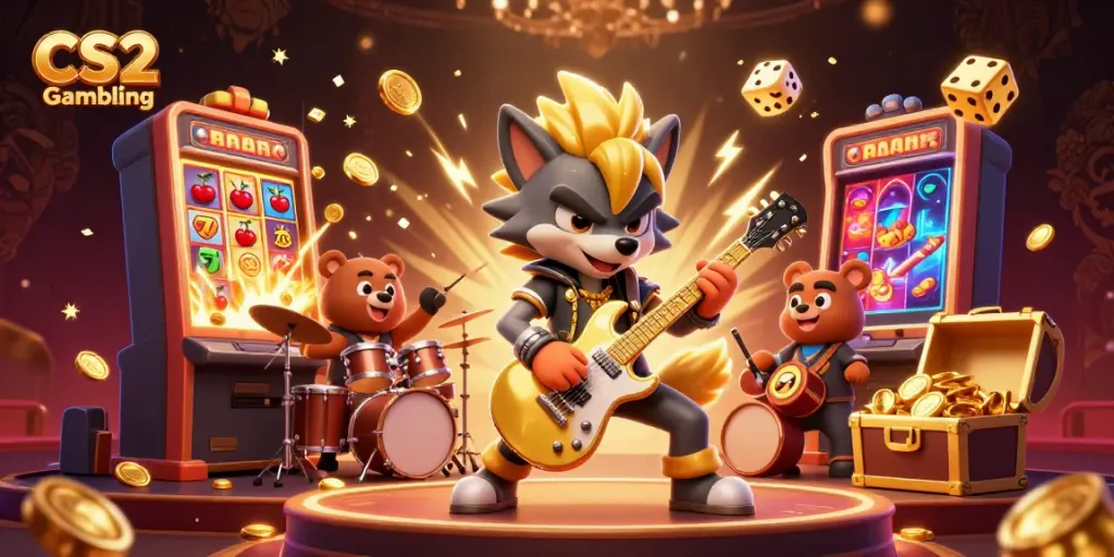 Experience thrilling CS2 Gambling with a rock star wolf and a drummer bear amidst jackpot-winning action.
